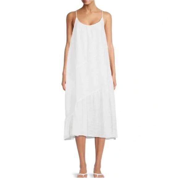 DKNY Pure Ruched Mixed Media Asymmetrical Slip Dress Linen Size Small White - Picture 4 of 12